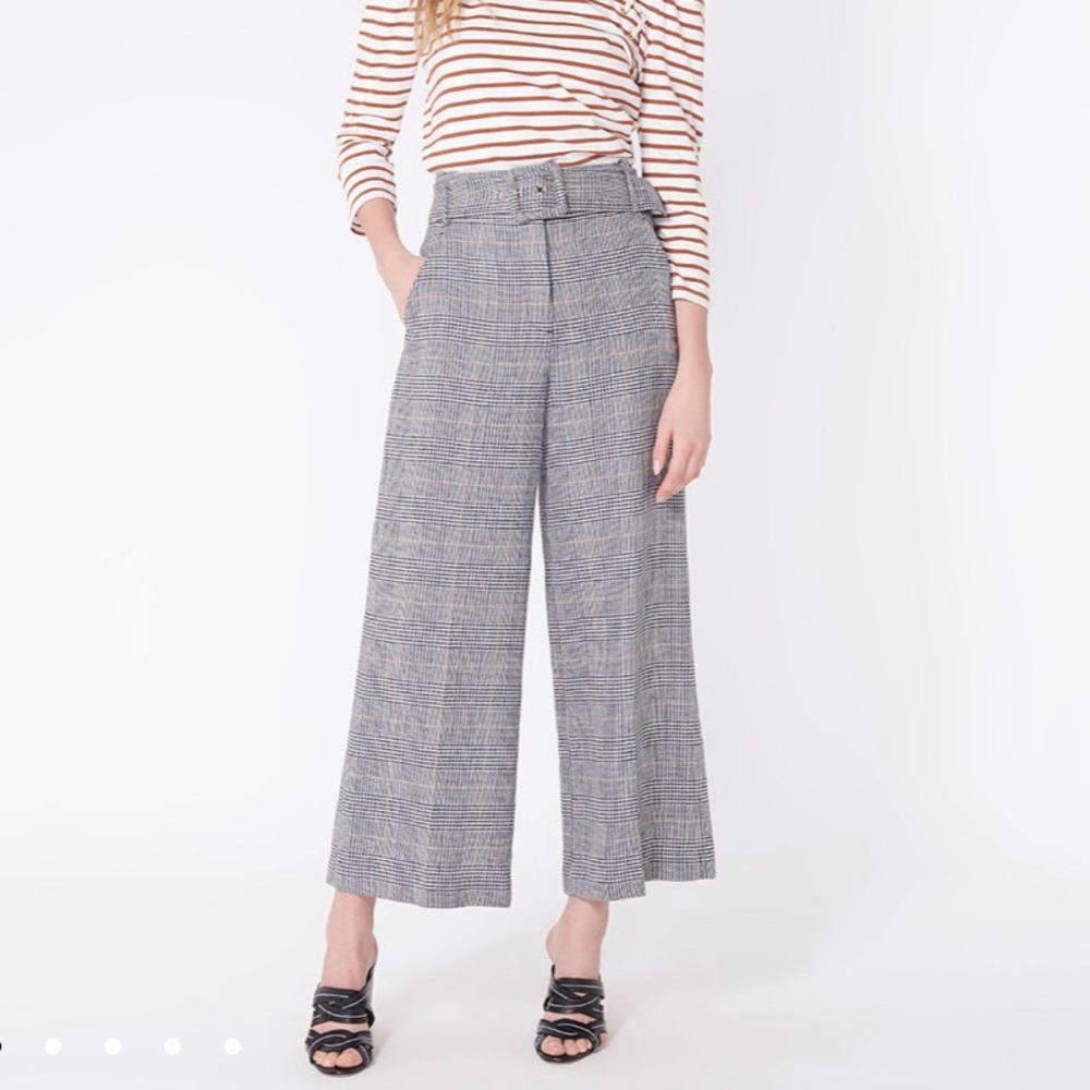 NWT Veronica Beard Dexter Pant Crop Linen Checker Plaid 4 Gray